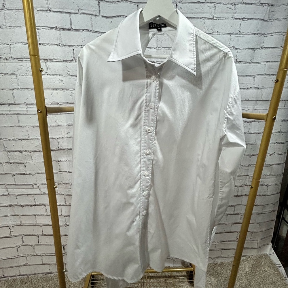 SER.O.YA Mel Button Down Long Sleeve Open Back Shirt - WHITE - M